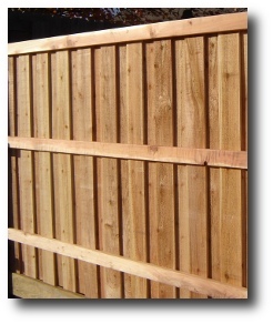 Decorative absolute privacy fence panel, cedar pickets, redwood backrail stringers, 6